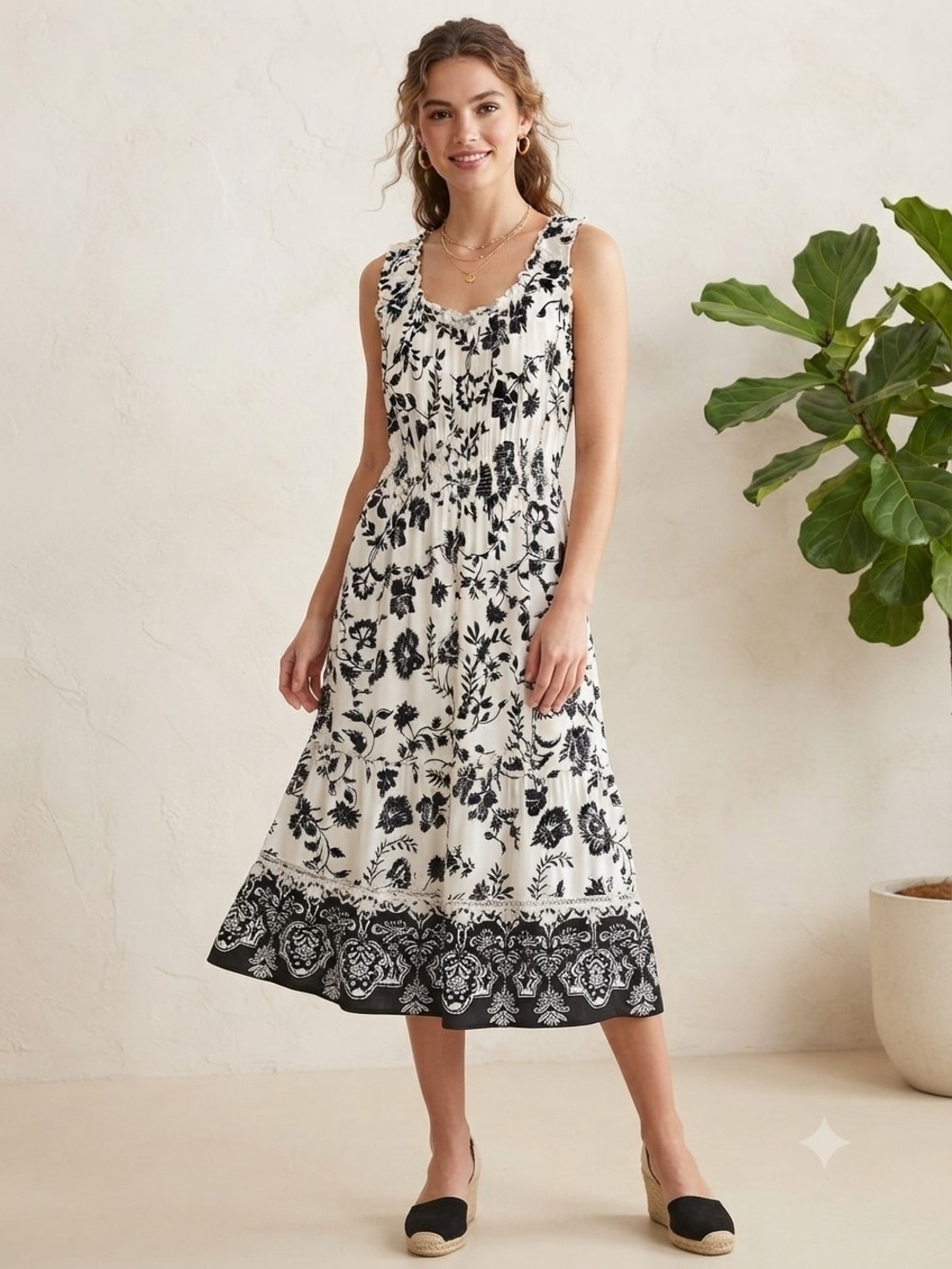 Lucky Brand Black and White Floral Midi Dress